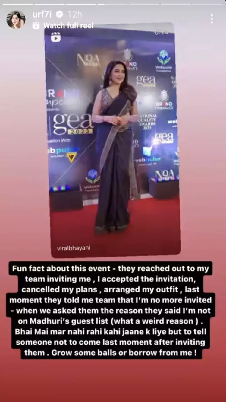 Urfi Javed lashed out at Madhuri Dixit after being called out at the last minute in the award function
